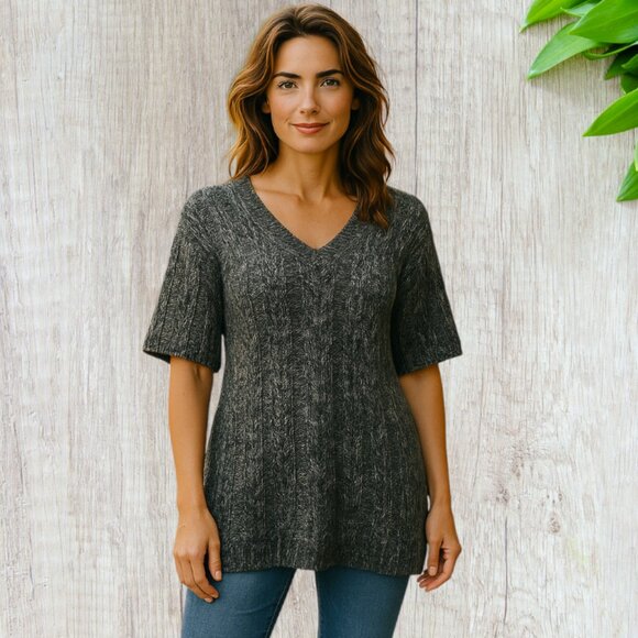 GERI C -- Mini Sweater Dress, Long Sweater, Gray Cable-Knit, Elbow Length Sleeve - Picture 3 of 13